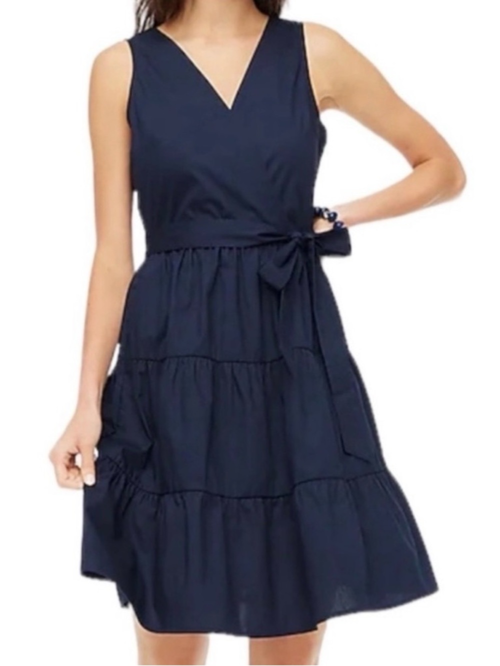 J. Crew Factory Navy V-Neck Tiered Midi Dress with Waist Tie